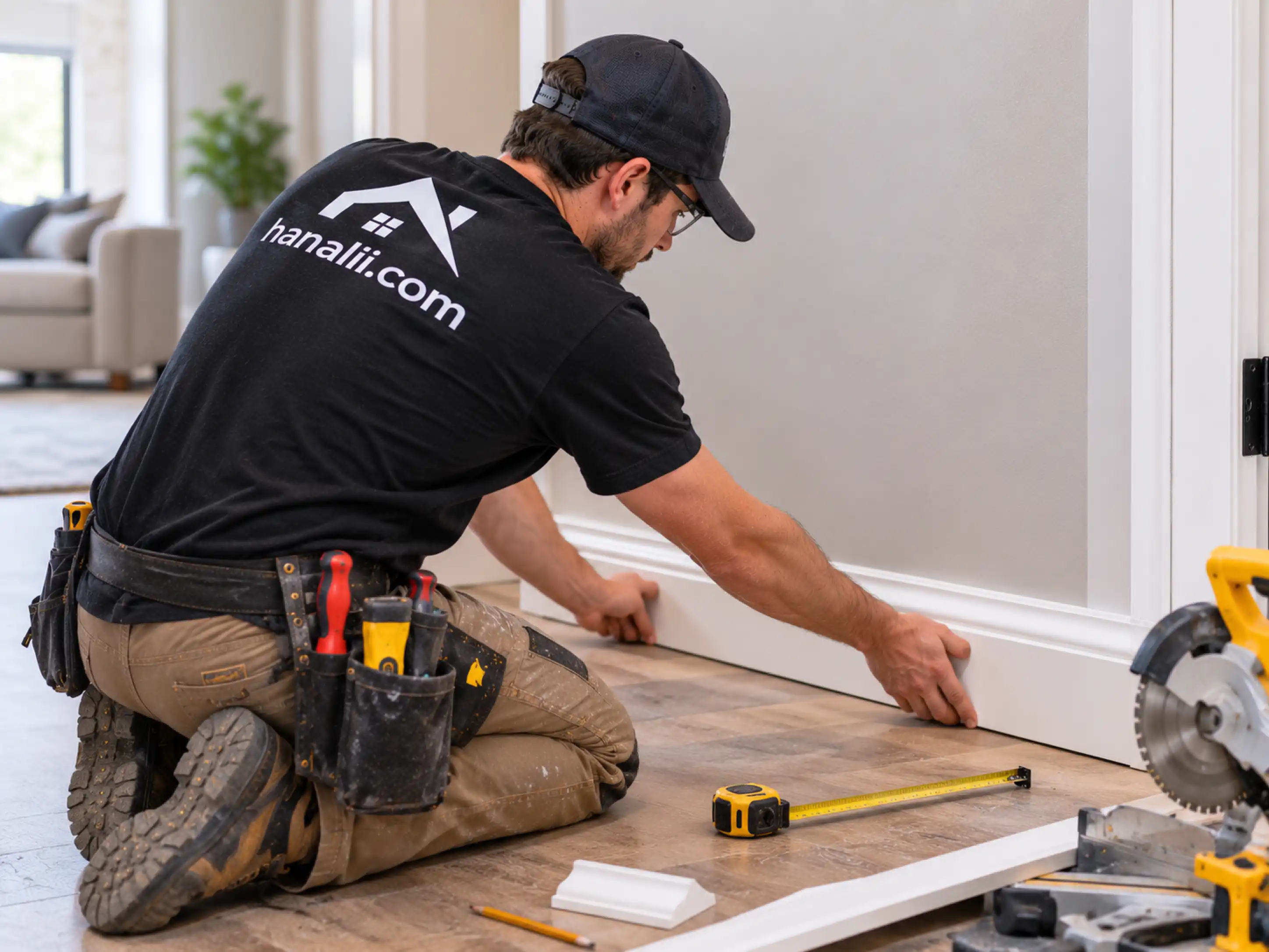 Installing baseboard trim along an interior wall