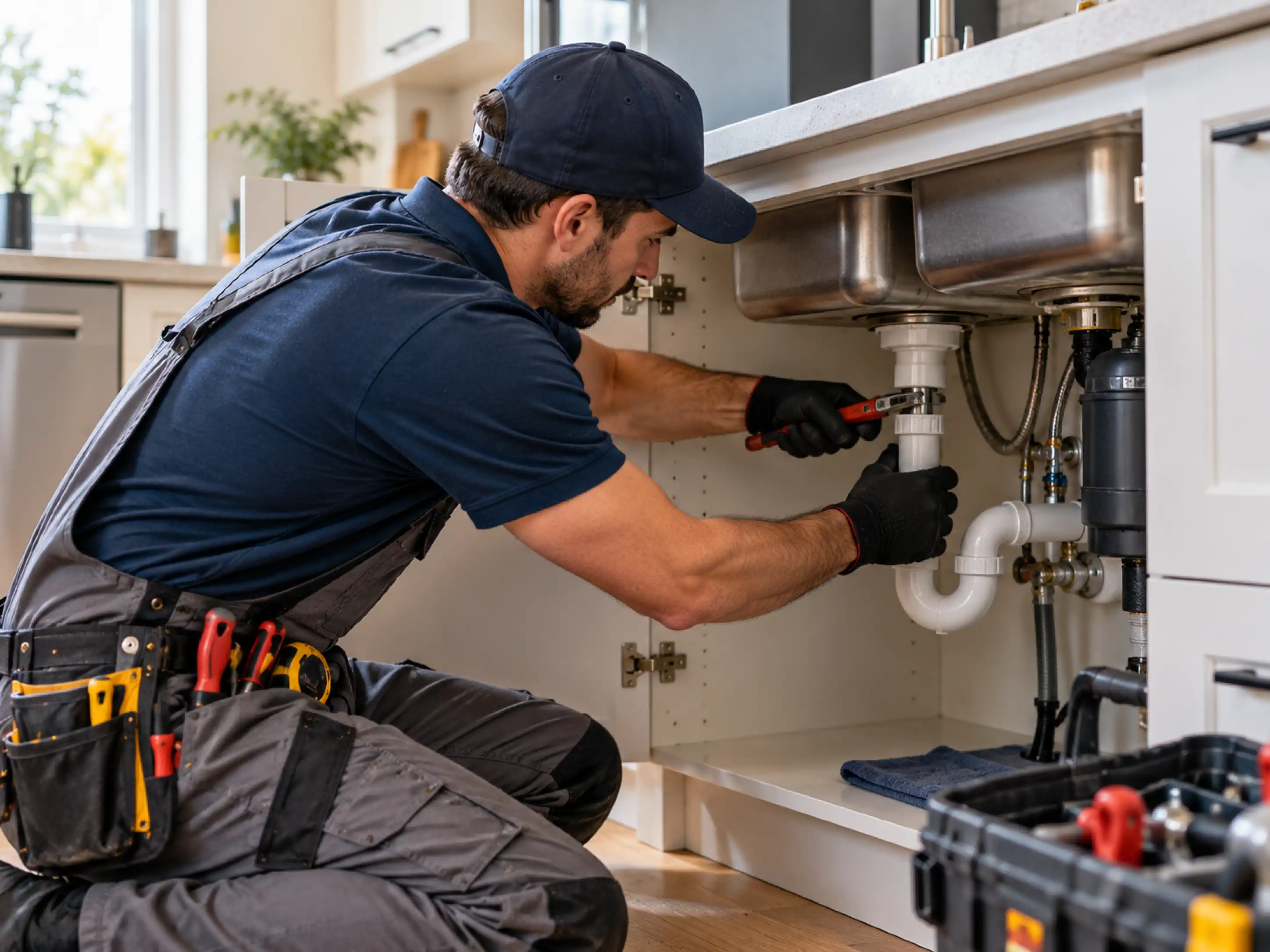 Handyman clearing a blocked household drain
